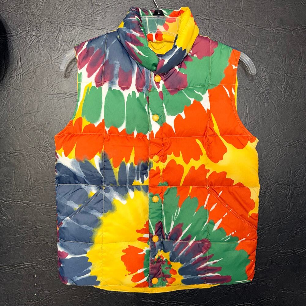 Lands End Unisex Kids Puffer Vest Tie Dye Snap Button Close Orange Blue Medium